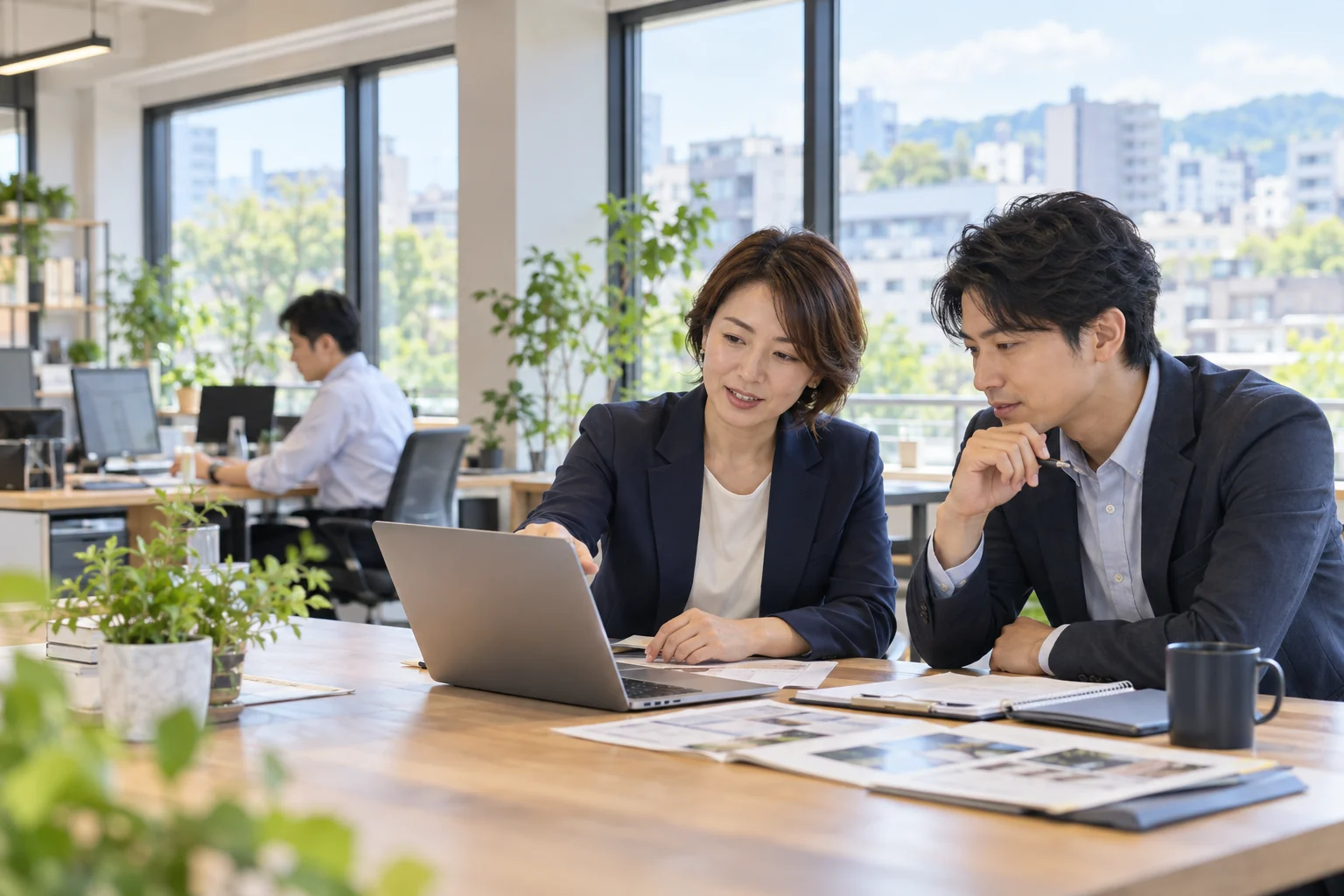 明るいオフィスで次の仕事の計画を話し合う事業者のイメージ